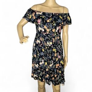 Patrons Of Peace Off Shoulder Floral Mini Dress Elastic Waist Black Yellow Small